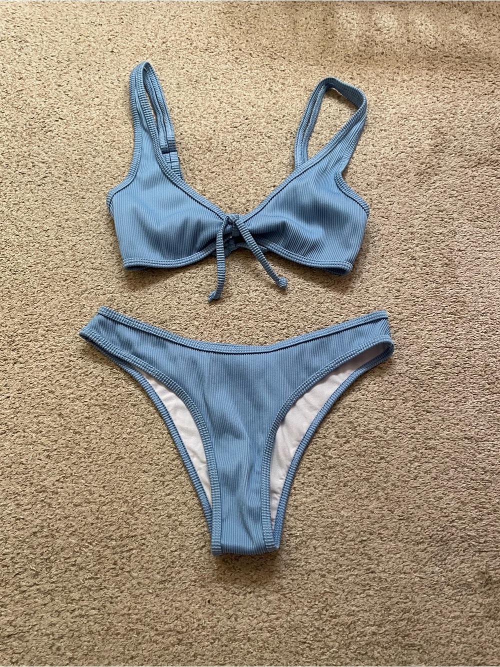 Zaful blue ribbed bikini high cut bottom bralette sweetheart top small
